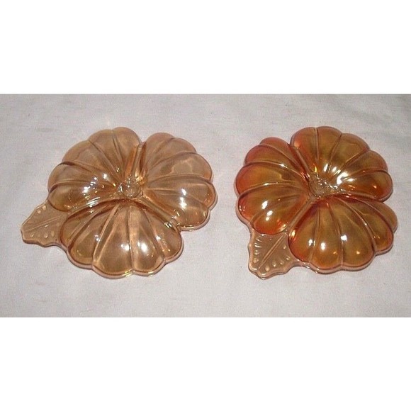 Jeannette Glass Iridescent 2 Leaf Dish Marigold Carnival Glass Clover Candy Nuts - Picture 3 of 6